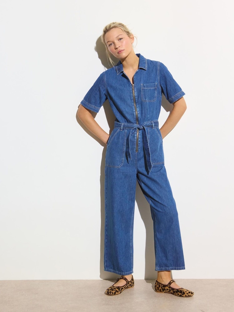 Oliver Bonas Denim Zip-Up Short Sleeve 100% Cotton Jumpsuit - Imagen 1 de 8