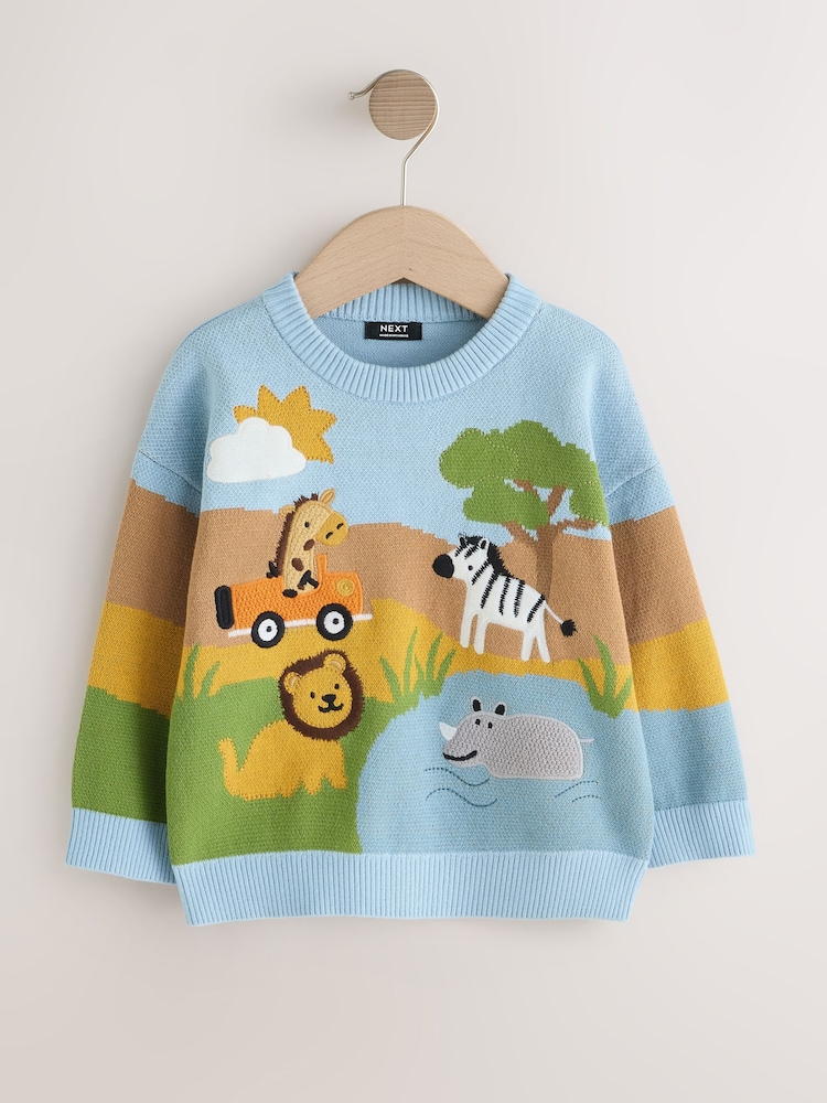 Blue/Orange Safari - Character Knitted Crew Neck Jumper (3mths-7yrs) - صورة 1 من 4 Blue/Orange Safari - Character Knitted Crew Neck Jumper (3mths-7yrs) - صورة 1 من 4