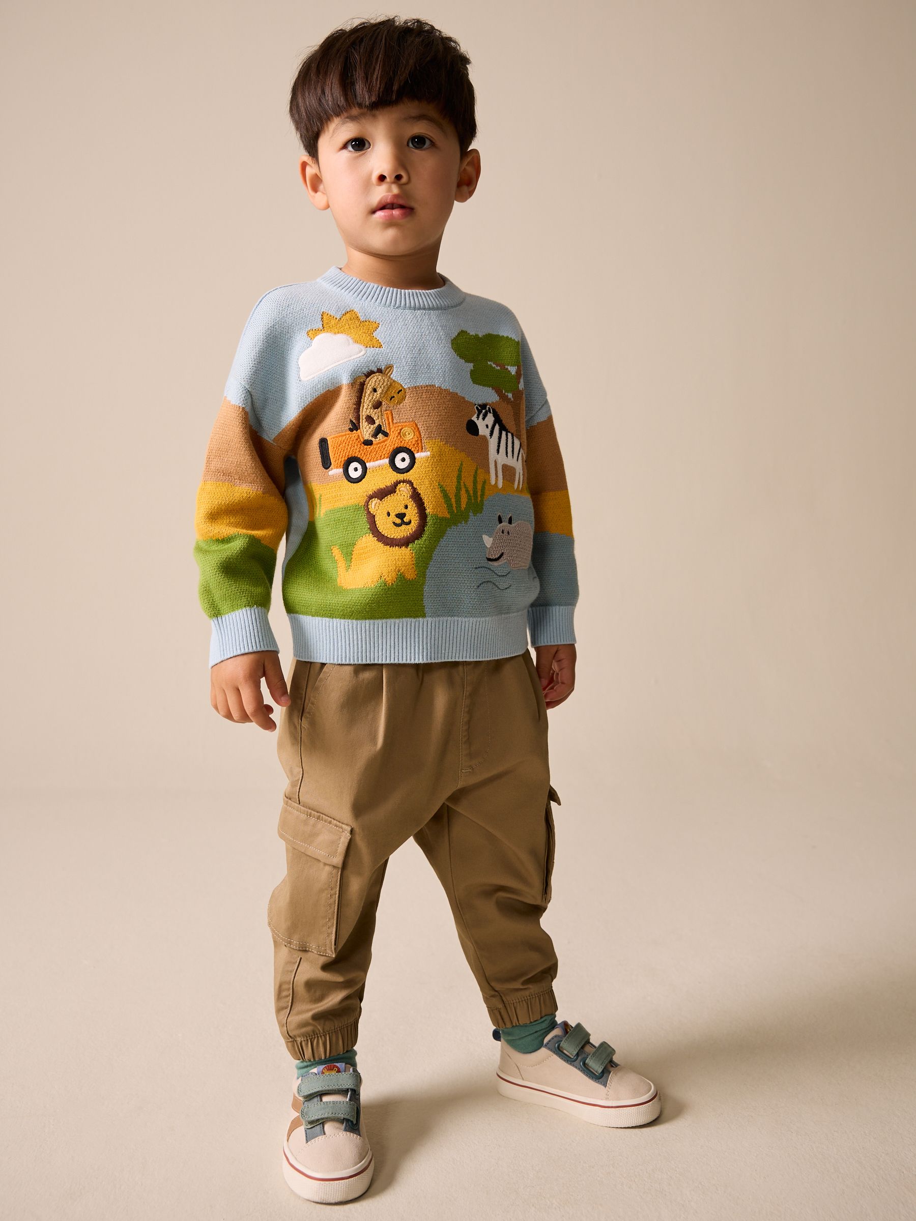Buy Blue/Orange Safari Character Knitted Crew Neck Jumper (3mths