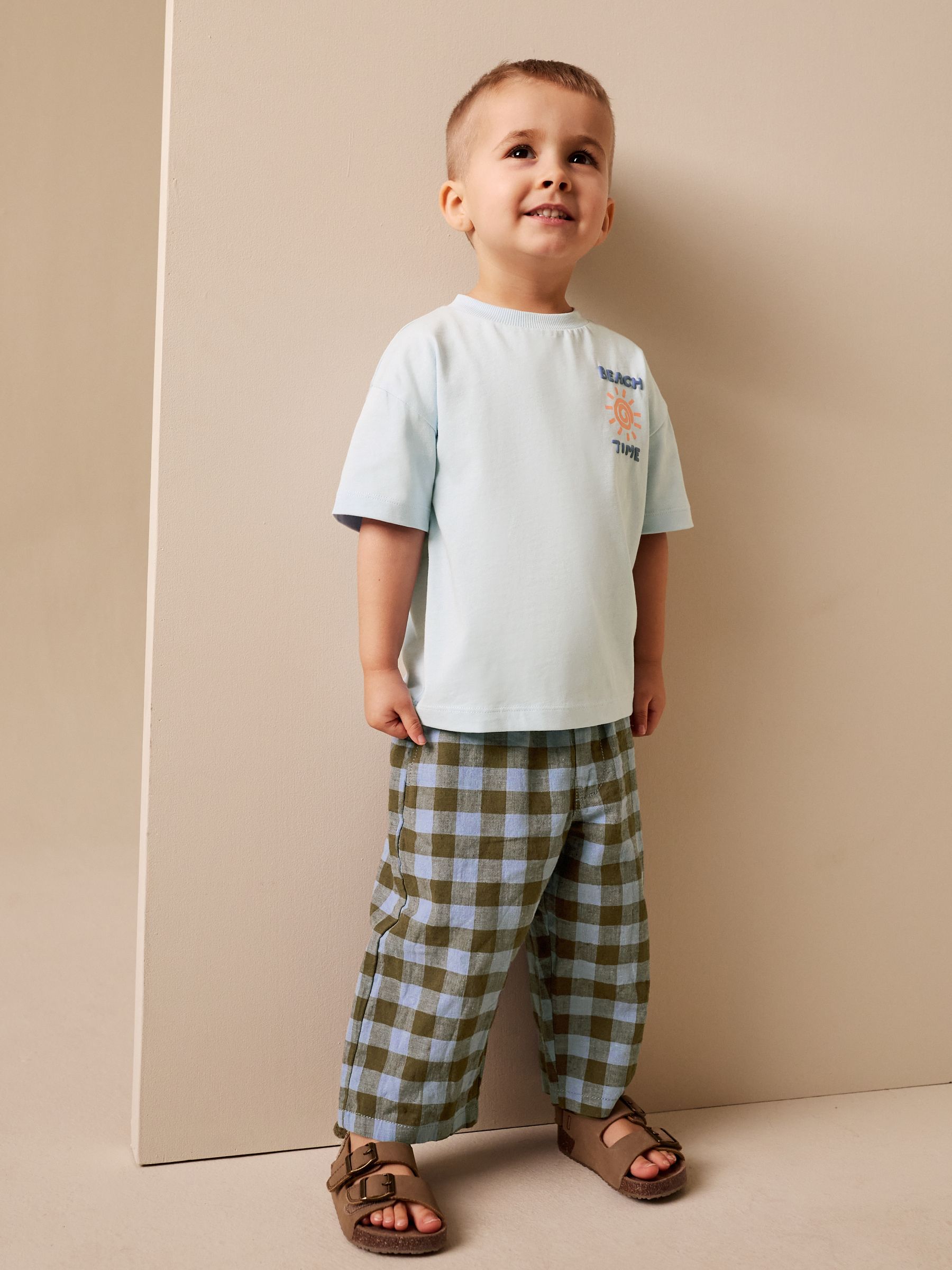 Buy Blue Gingham Wide Fit Linen Blend Pull on Trousers (3mths-7yrs