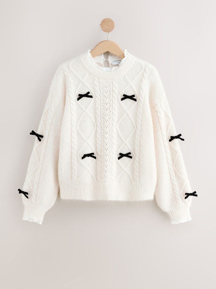 Ecru Collar Layer Cable Knit Bow Jumper - Image 1 of 3