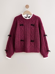 Burgundy Red Collar Layer Cable Knit Bow Jumper - Image 1 of 3