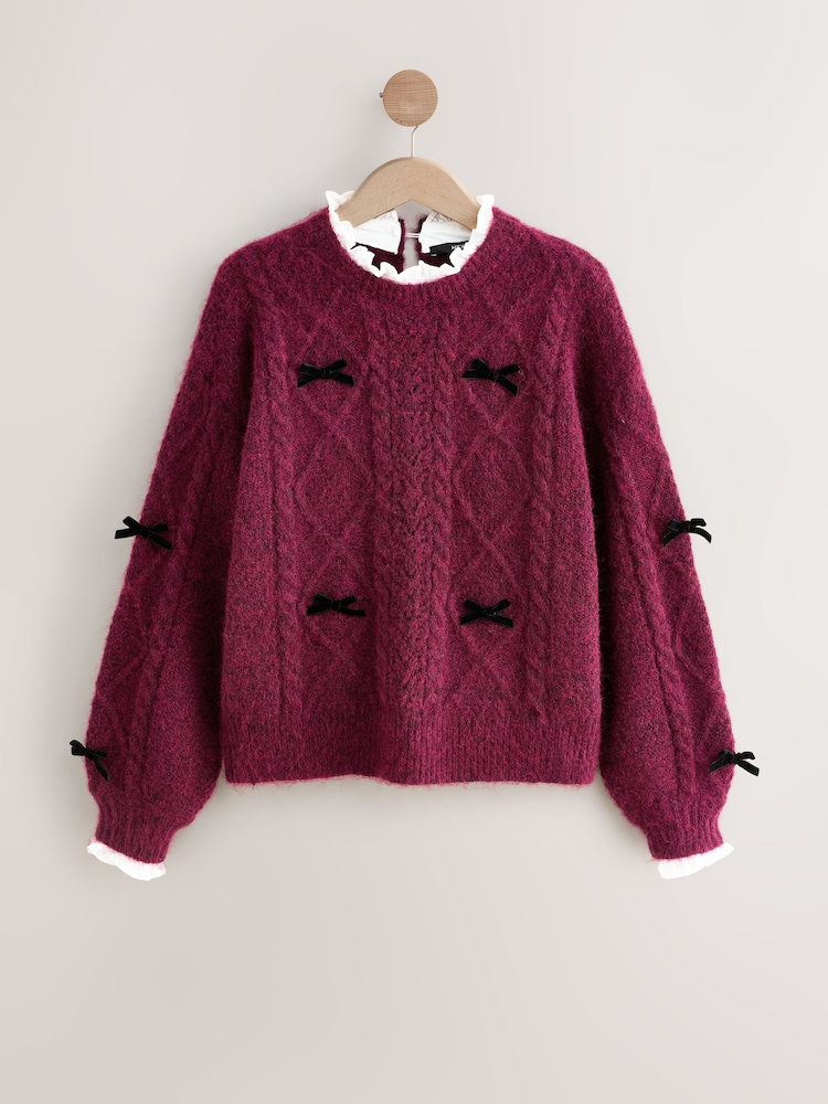 Burgundy Red Collar Layer Cable Knit Bow Jumper - Image 1 of 3