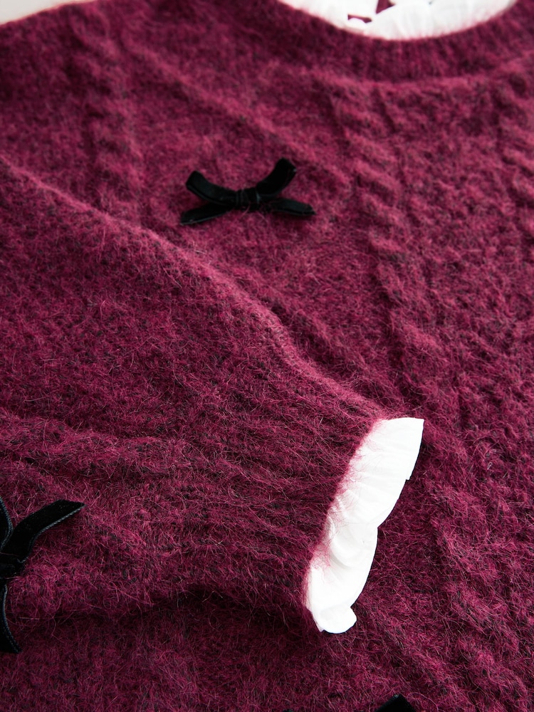 Burgundy Red Collar Layer Cable Knit Bow Jumper - Image 2 of 3