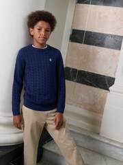 Navy Blue Cable Knit Crew Neck Jumper (3-16yrs) - Image 1 of 2