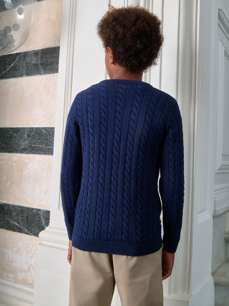 Navy Blue Cable Knit Crew Neck Jumper (3-16yrs) - Image 2 of 2 Navy Blue Cable Knit Crew Neck Jumper (3-16yrs) - Image 2 of 2