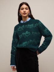 Teal Blue Sparkle Tinsel Bow Christmas Jumper - Image 1 of 8