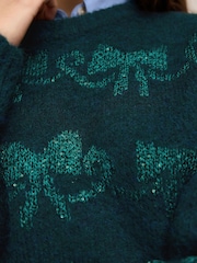 Teal Blue Sparkle Tinsel Bow Christmas Jumper - Image 5 of 8