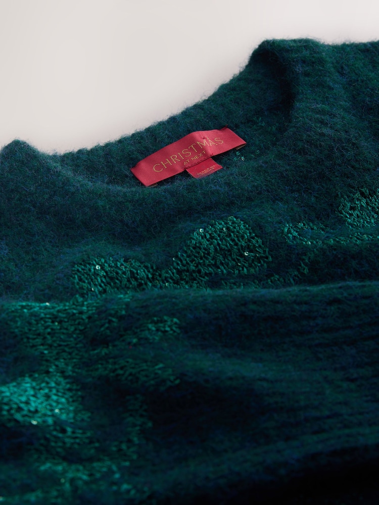 Teal Blue Sparkle Tinsel Bow Christmas Jumper - Image 8 of 8