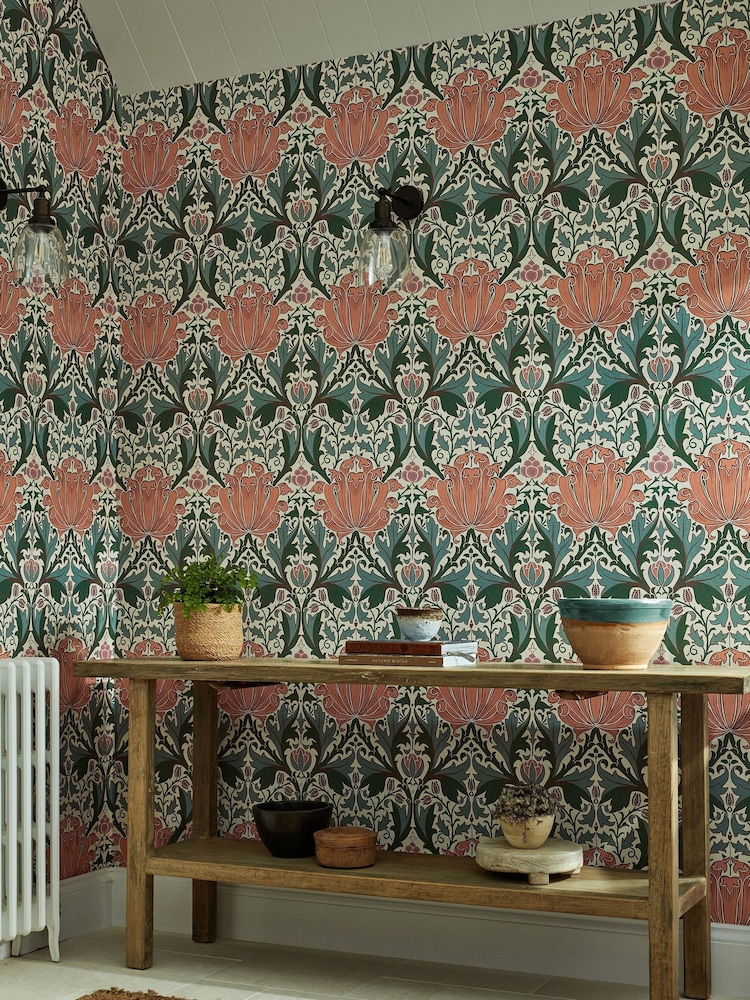 Morris & Co Helena Peach Teal Helena Morris Friends 10M Wallpaper - Image 2 of 3 Morris & Co Helena Peach Teal Helena Morris Friends 10M Wallpaper - Image 2 of 3
