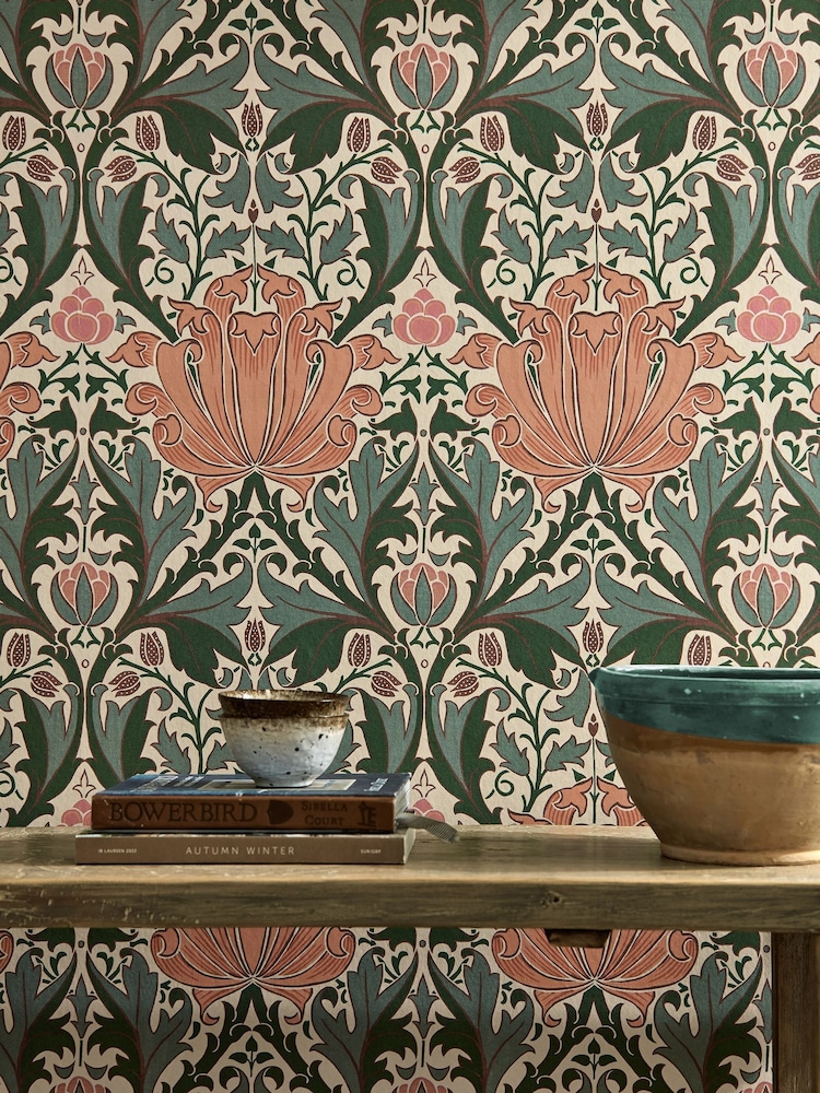 Morris & Co Helena Peach Teal Helena Morris Friends 10M Wallpaper - Image 3 of 3 Morris & Co Helena Peach Teal Helena Morris Friends 10M Wallpaper - Image 3 of 3