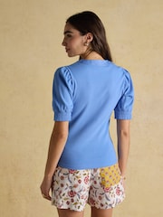 Tabitha Blue Ribbed V Neck Top With Puff Sleeves - Image 2 of 7