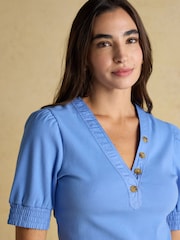 Tabitha Blue Ribbed V Neck Top With Puff Sleeves - Image 4 of 7