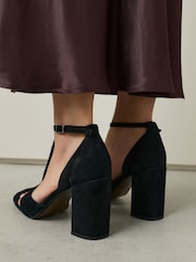 Black Forever Comfort® Leather T-Bar Cutout Closed Toe Block Heels - Image 2 of 9
