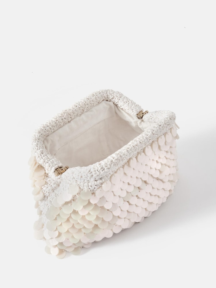 Mint Velvet White Cream Embellished 100% Cotton Clutch Bag - Image 4 of 4 Mint Velvet White Cream Embellished 100% Cotton Clutch Bag - Image 4 of 4