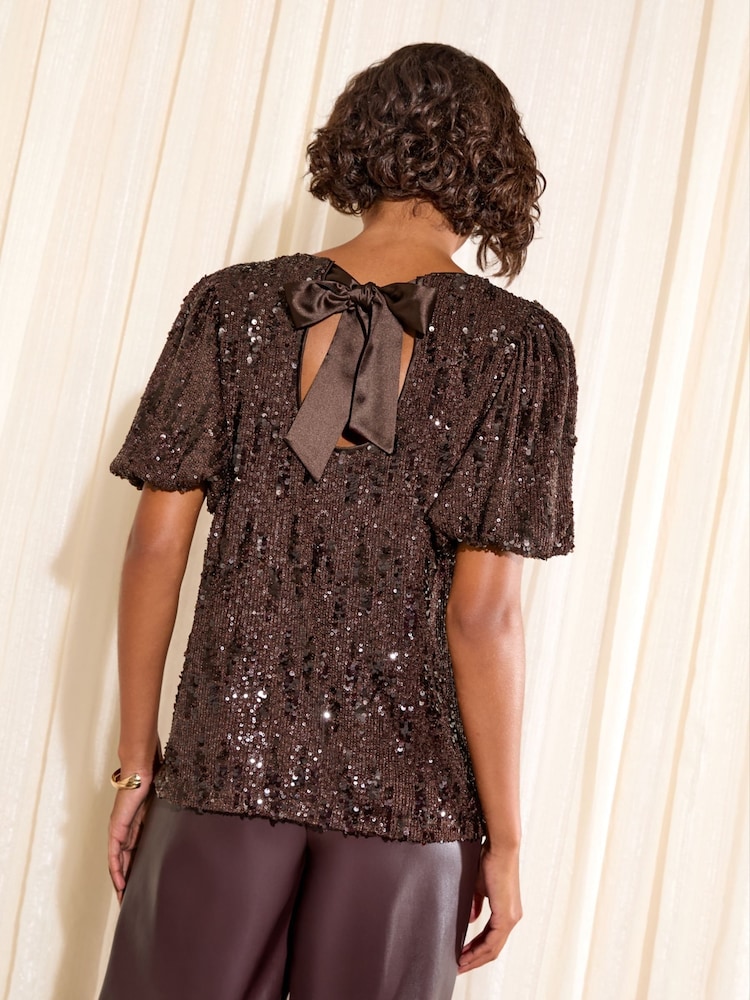 Friends Like These Chocolate Brown Puff Sleeve Sequin Blouse With Ribbon Tie - Image 2 of 4