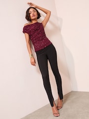Friends Like These Burgundy Red Asymmetric Sequin Top - Image 3 of 4