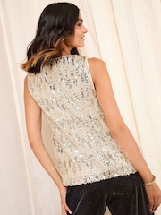Friends Like These Champagne Gold V-Neck Sequin Vest Top - Image 2 of 4