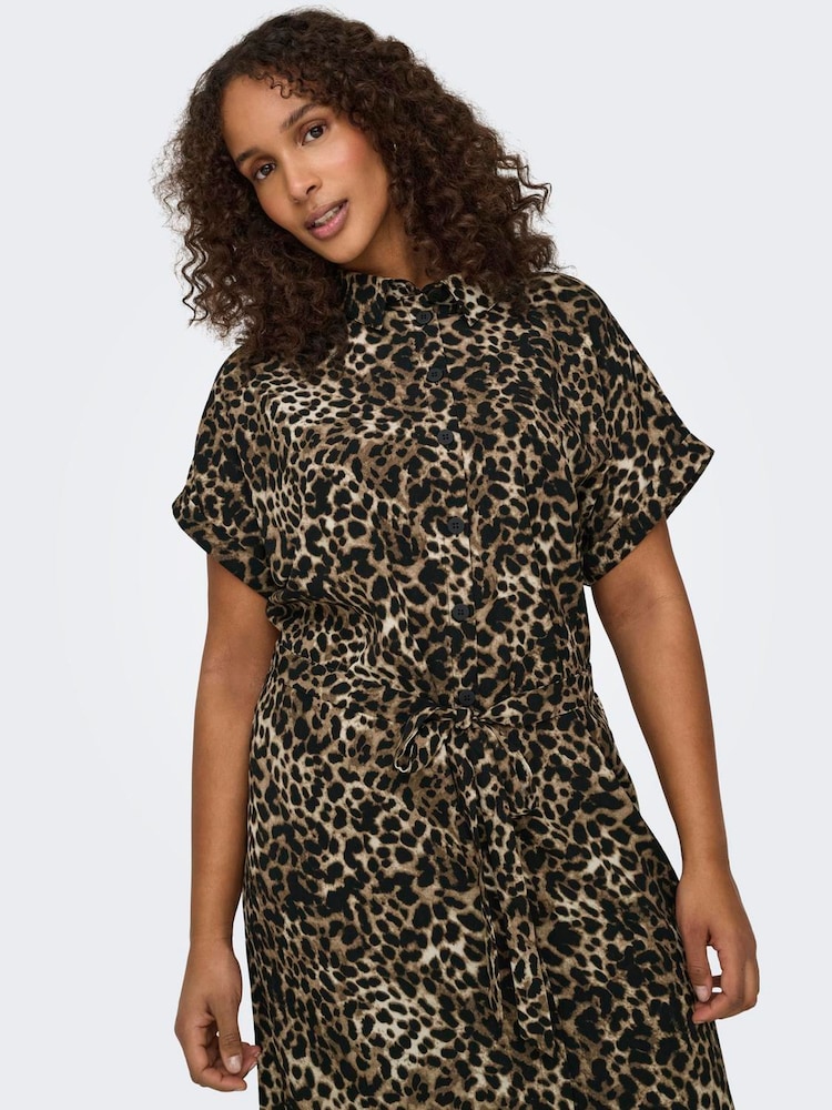 ONLY Curve Black Leopard Print Short Sleeved Shirt Dress - Image 3 of 6