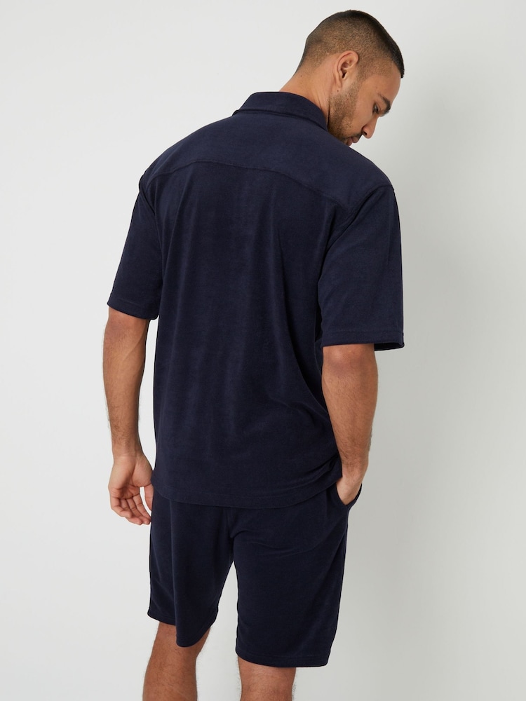 Threadbare Blue Towelling Cuban Collar Short Sleeve Shirt - Image 2 of 5 Threadbare Blue Towelling Cuban Collar Short Sleeve Shirt - Image 2 of 5