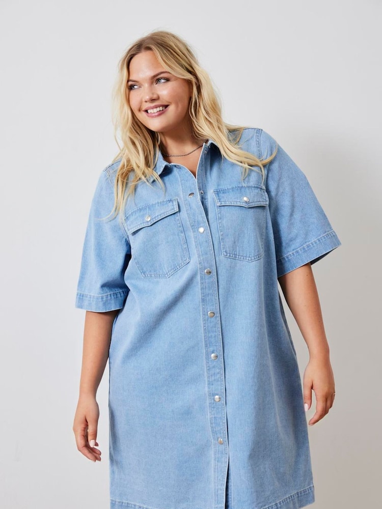 ONLY Curve Blue Short Sleeve Button Down Denim Dress - Image 1 of 2