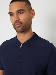 Marineblau - Threadbare Textured Quarter Zip 100% Cotton Polo Shirt - Bild 1 von 4