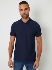 Marineblau - Threadbare Textured Quarter Zip 100% Cotton Polo Shirt - Bild 2 von 4