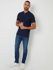Marineblau - Threadbare Textured Quarter Zip 100% Cotton Polo Shirt - Bild 4 von 4