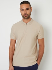 Natur - Threadbare Textured Quarter Zip 100% Cotton Polo Shirt - Bild 1 von 4