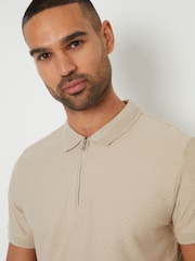 Natur - Threadbare Textured Quarter Zip 100% Cotton Polo Shirt - Bild 4 von 4