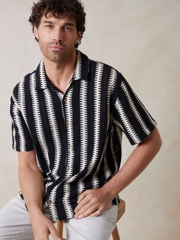Threadbare Black Relaxed Fit Crochet Short Sleeve Shirt - Image 1 of 6