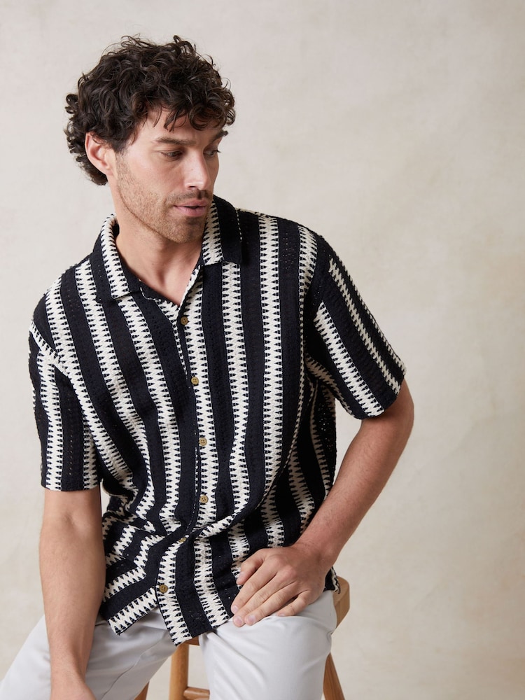 Threadbare Black Relaxed Fit Crochet Short Sleeve Shirt - Image 2 of 6 Threadbare Black Relaxed Fit Crochet Short Sleeve Shirt - Image 2 of 6