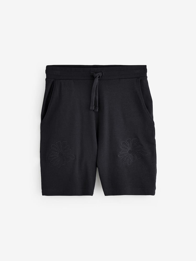 Threadbare Black Floral Embroidered 100% Cotton Sweat Shorts - Image 5 of 5