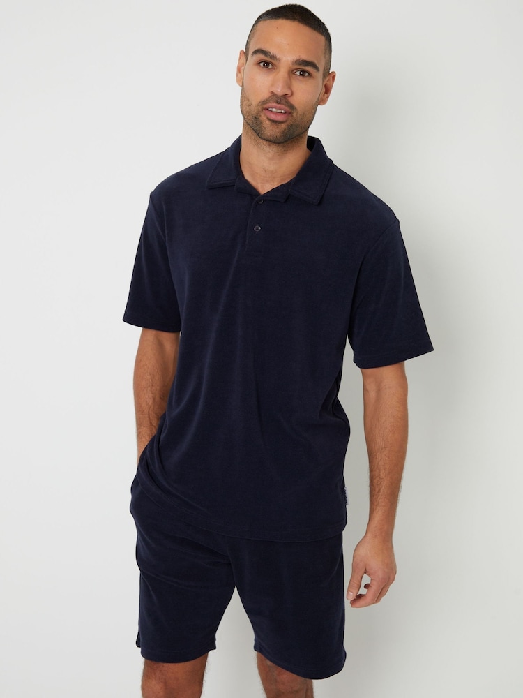 Threadbare Blue Towelling Revere Collar Polo Shirt - Image 1 of 4