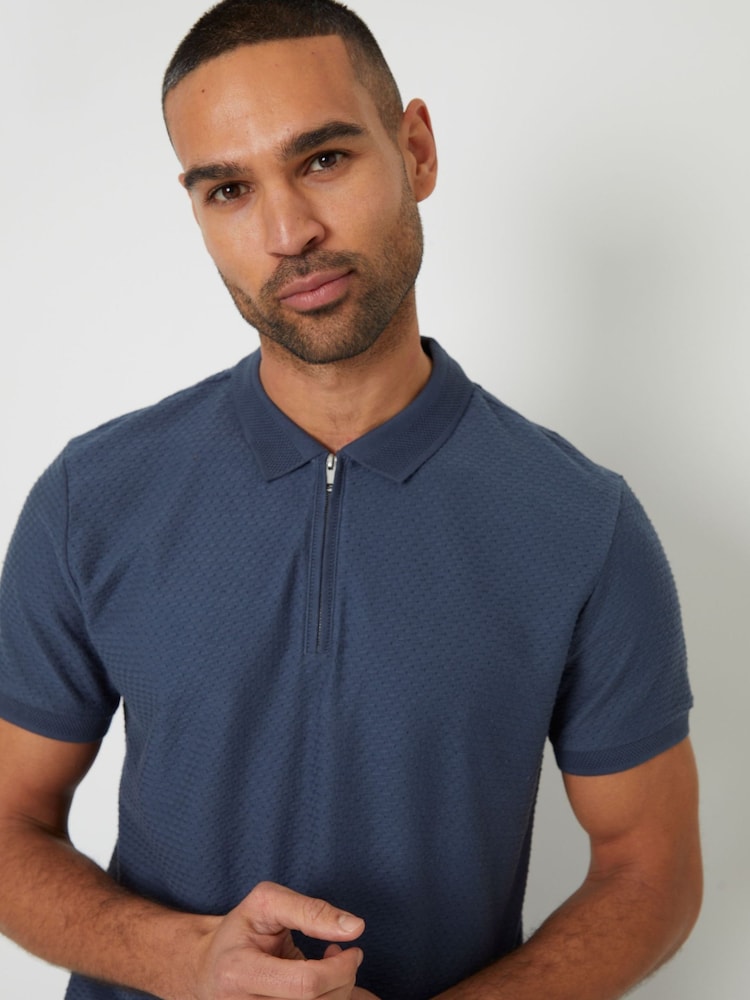 Jeansblau - Threadbare Textured Quarter Zip 100% Cotton Polo Shirt - Bild 1 von 4
