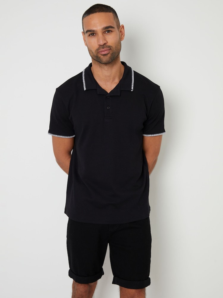 Threadbare Black Contrast Revere Collar 100% Cotton Polo Shirt - Image 2 of 4