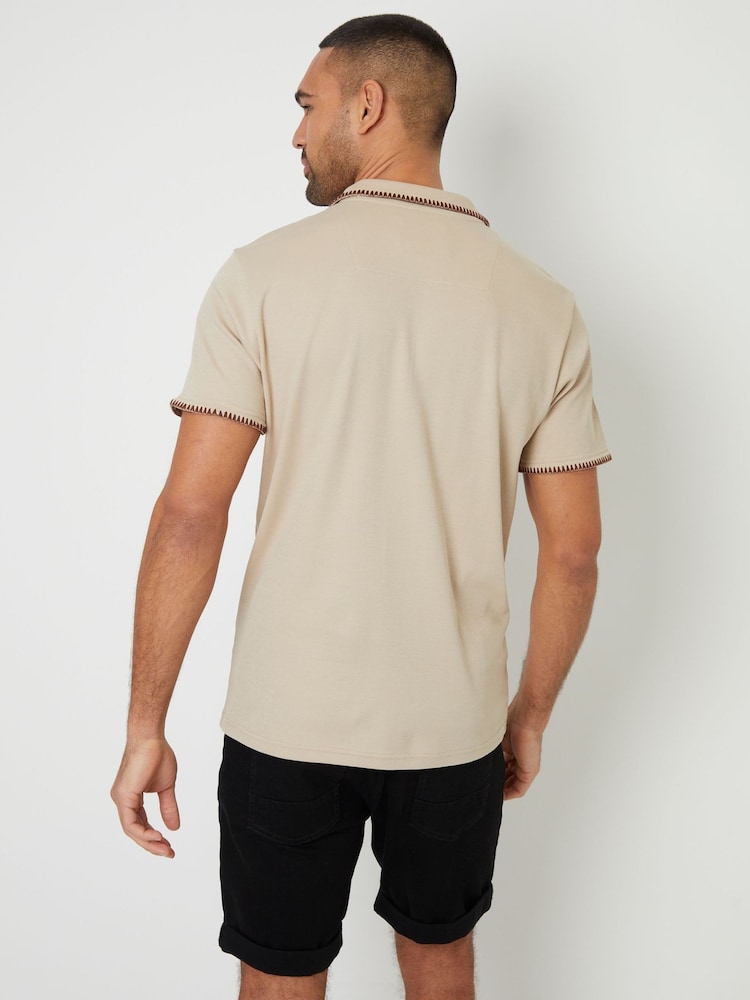 Threadbare Natural Contrast Revere Collar 100% Cotton Polo Shirt - Image 2 of 4