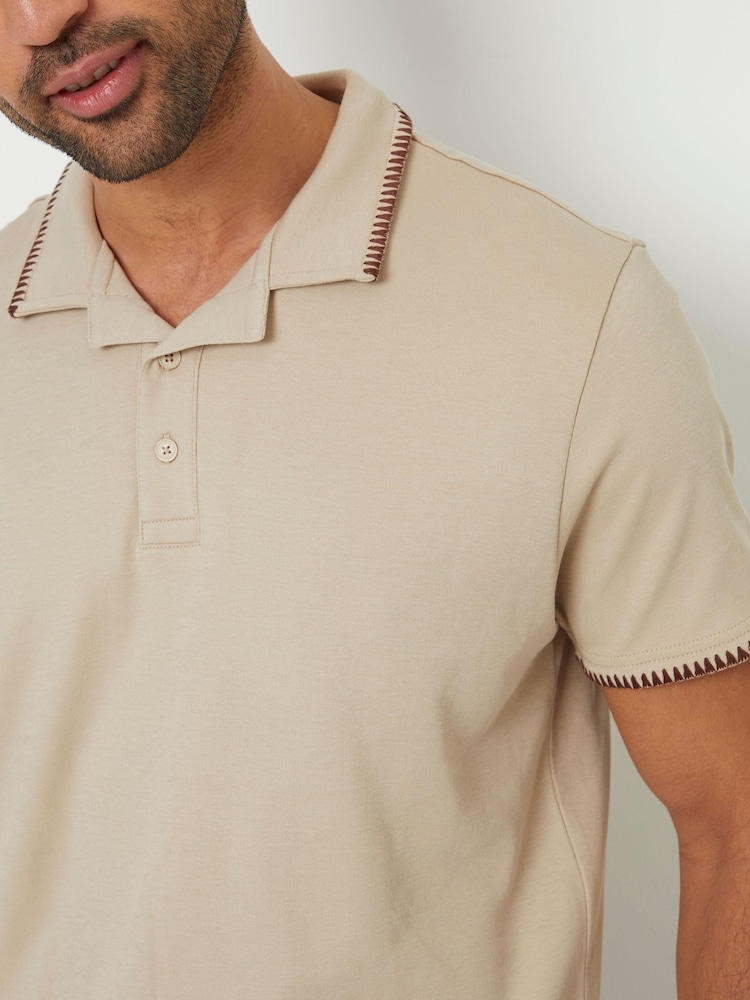 Threadbare Natural Contrast Revere Collar 100% Cotton Polo Shirt - Image 4 of 4
