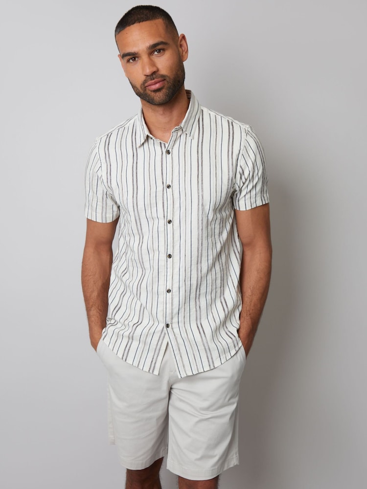 Threadbare Cream Textured Stripe Short Sleeve Shirt - Image 1 of 4