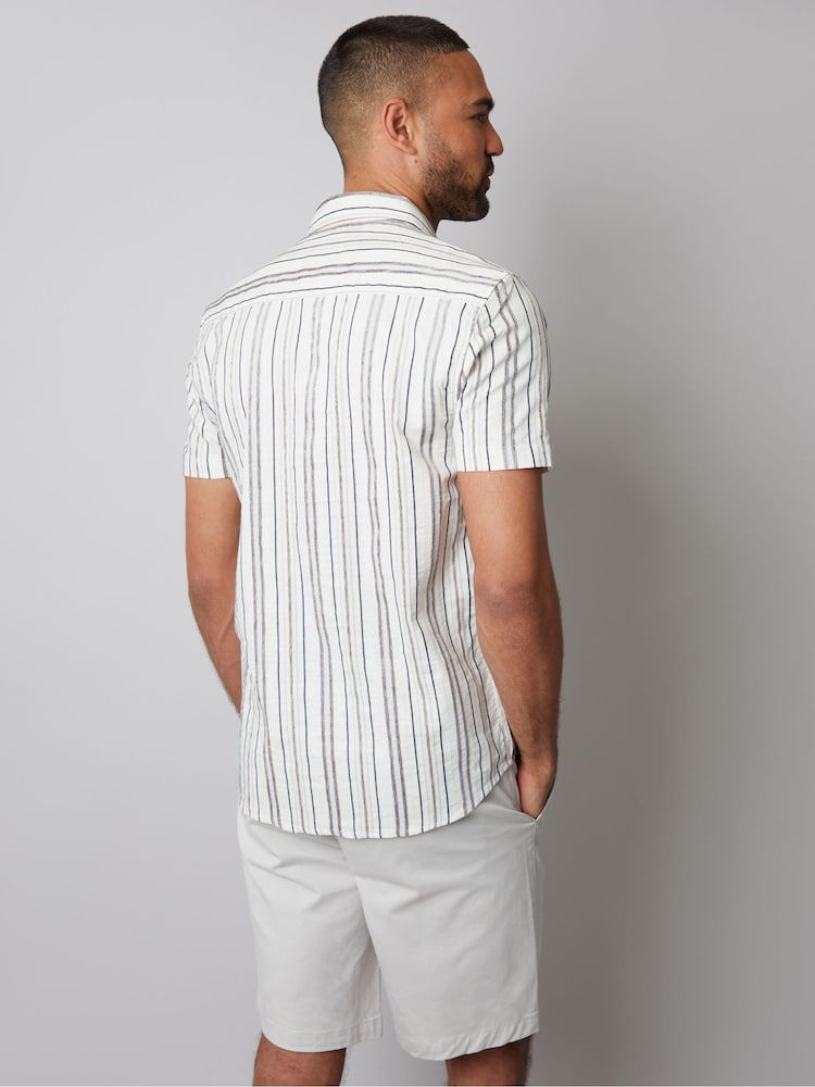Threadbare Cream Textured Stripe Short Sleeve Shirt - Image 2 of 4