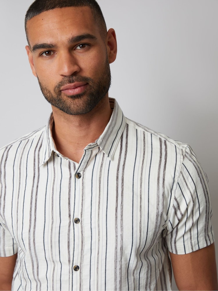 Threadbare Cream Textured Stripe Short Sleeve Shirt - Image 4 of 4