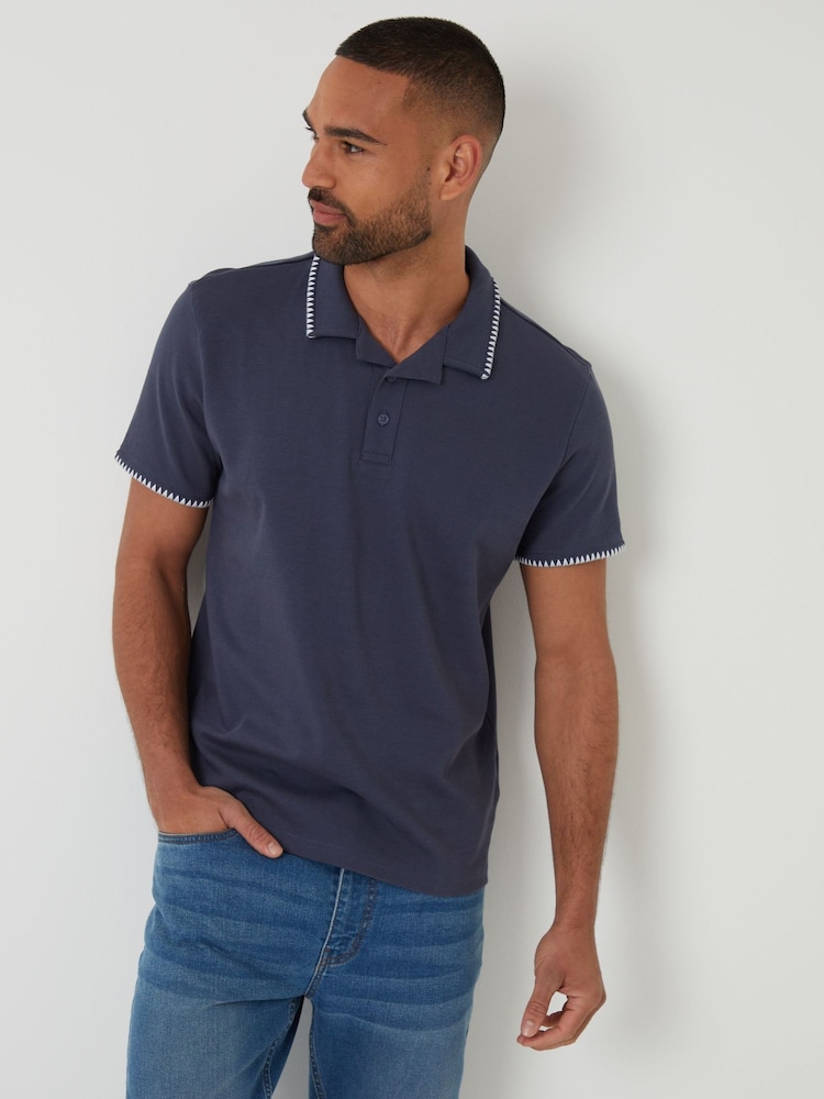 Threadbare Denim Blue Contrast Revere Collar 100% Cotton Polo Shirt - Image 1 of 5