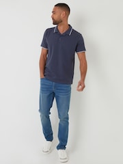 Threadbare Denim Blue Contrast Revere Collar 100% Cotton Polo Shirt - Image 3 of 5