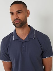 Threadbare Denim Blue Contrast Revere Collar 100% Cotton Polo Shirt - Image 4 of 5