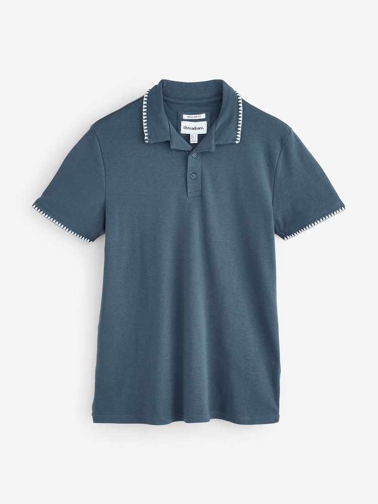 Threadbare Denim Blue Contrast Revere Collar 100% Cotton Polo Shirt - Image 5 of 5