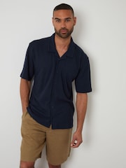 Threadbare Navy Relaxed Fit Textured Mix Short Sleeve Shirt - Image 1 of 4