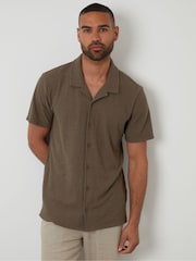 Threadbare Khaki Textured Revere Collar Shirt - Image 1 of 4