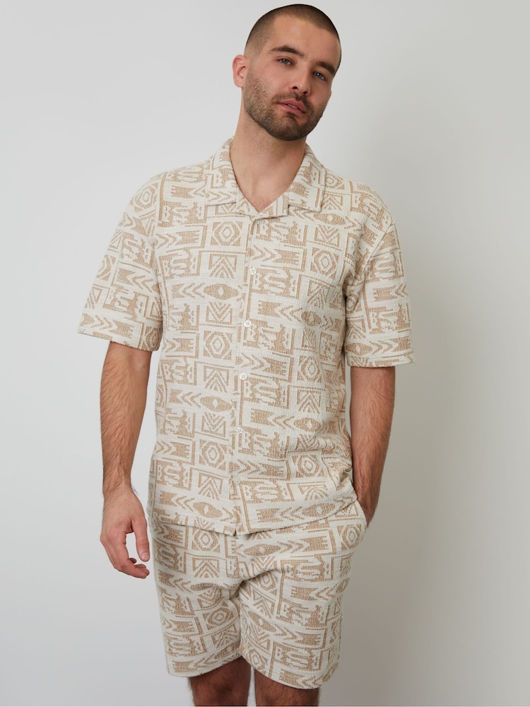 Threadbare Cream Relaxed Fit Printed Textured Short Sleeve Shirt - Image 2 of 5