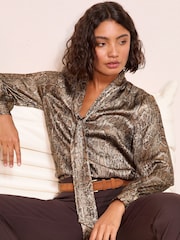 Friends Like These Metallic Snake Print Long Sleeve Tie Neck Blouse - Image 1 of 5