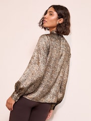 Friends Like These Metallic Snake Print Long Sleeve Tie Neck Blouse - Image 2 of 5